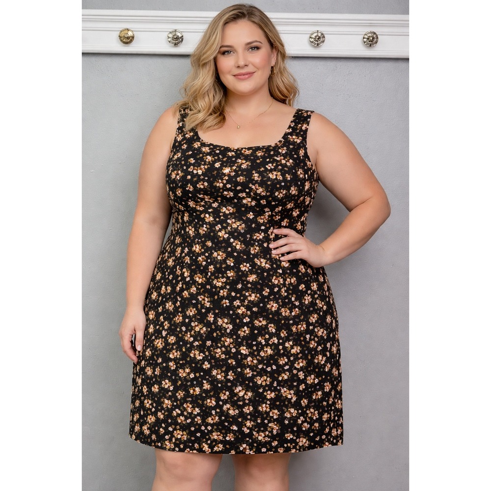 Mlle Gabrielle Sheath Dress Womens 18W Black Floral Square Neck Cotton Y2K Retro